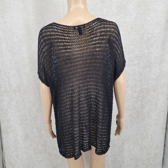 Eileen Fisher Women's Black Linen Loose Knit Scoop Neck Drop Shoulder Top Blouse - Picture 5 of 8